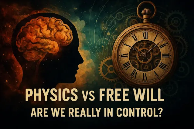 A surreal digital painting portraying the clash between physics and free will, with symbolic elements of the universe and the human mind.