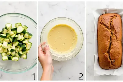 Steps to make zucchini bread: prepping, mixing, baking