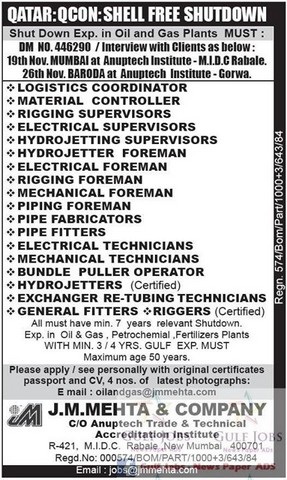 Oil & gas petrochemical job vacancies for QCON Qatar