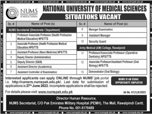 Latest National University of Medical Sciences NUMS Education Posts Rawalpindi 2022