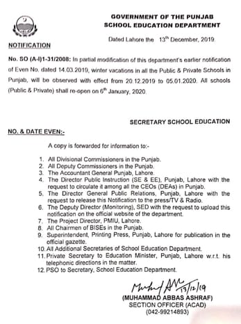 Notification Winter Vacations 2019-20