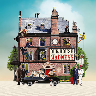 Various members of Madness in an assortment of costumes from their many albums appear in the windows of an old brick mansion, as well as in a car in front of it.