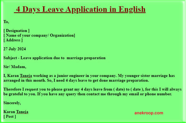 4 days leave application in English