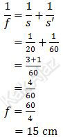 Cara menentukan jarak fokus cermin cekung, 1/f=1/s+1/s', dengan s=20 cm dan s'=60 cm