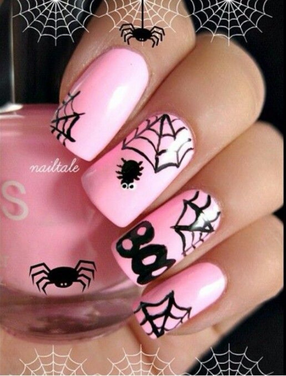 Pink And Black Halloween Nail Design