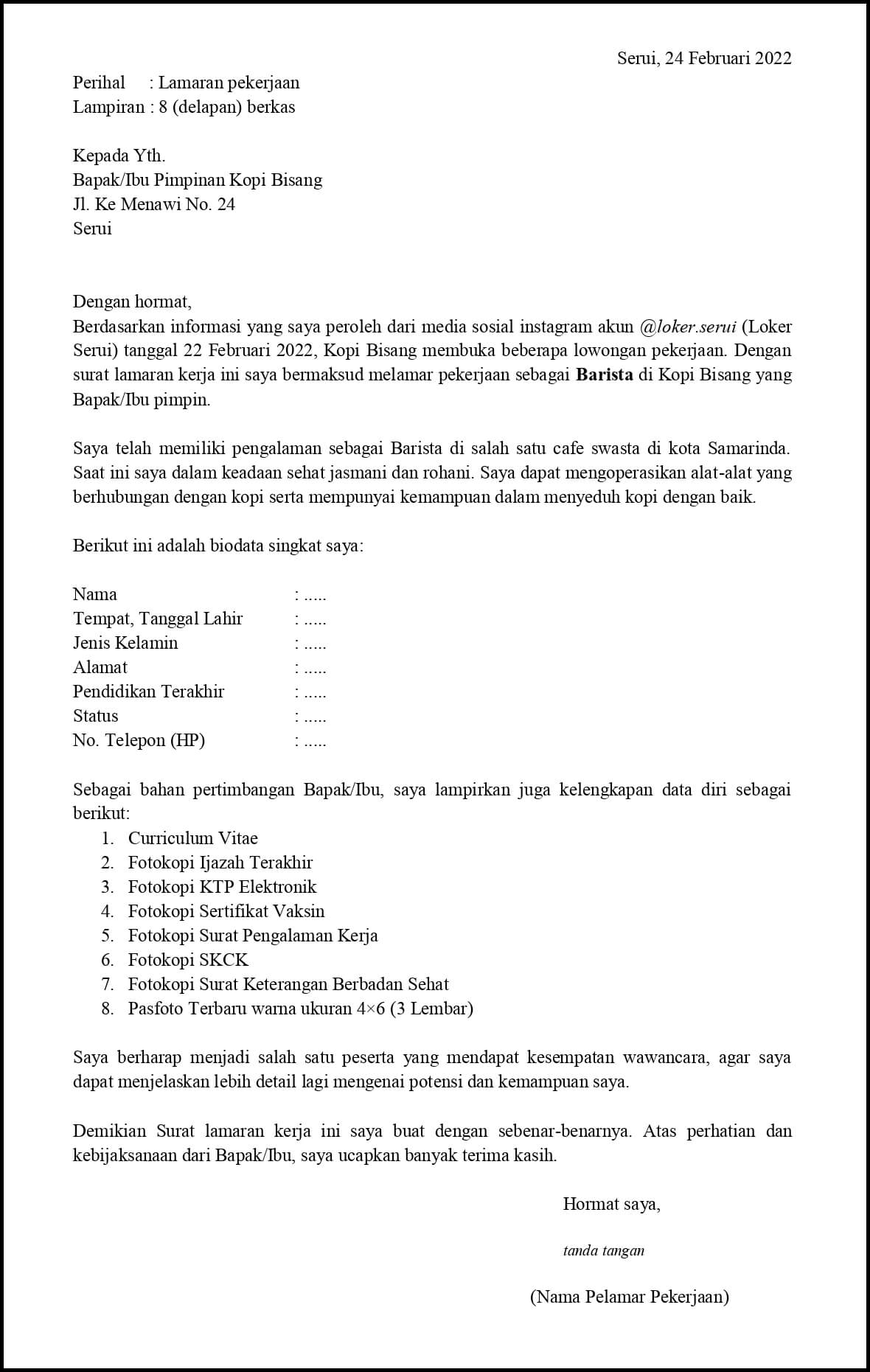 Contoh Application Letter Barista Yang Sudah Berpengalaman Berdasarkan Informasi Dari Media Sosial