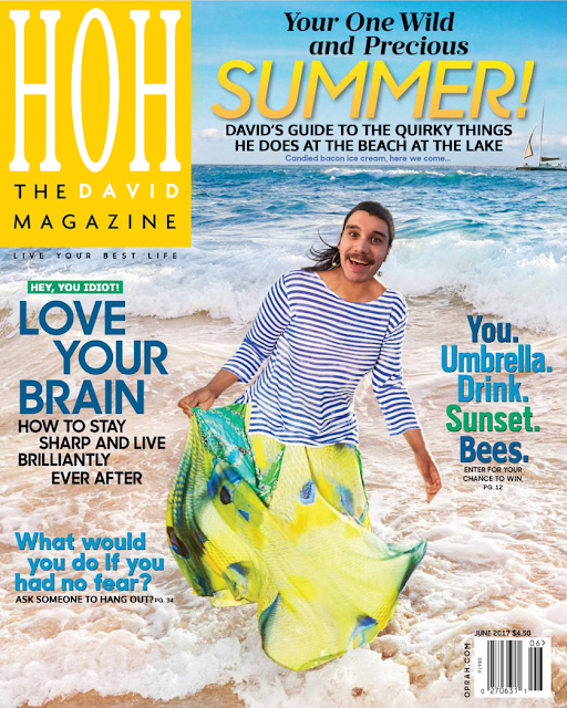 The photoshopped cover of O Magazine's June 2017 issue, with David's mustachioed face over Oprah's standing in a white-and-blue striped shirt and a yellow skirt with tropical blue and green sections, walking through the surf on the beach at the ocean. Photoshopped headlines include "Your One Wild and Precious Summer! David's Guise to the Quirky Things He Does At The Beach At The Lake. Candied bacon ice cream, here we come..." (The bacon ice cream bit was on the real cover); "Hey, You Idiot! Love Your Brain - How To Stay Sharp And Live Brilliantly Ever After"; "You. Umbrella. Drink. Sunset. Bees. Enter For Your Chance To Win. Pg. 12"; "What would you do if you had no fear? Ask Someone To Hang Out? Pg. 34" The color scheme of the cover is blues, white and tan, and yellow.