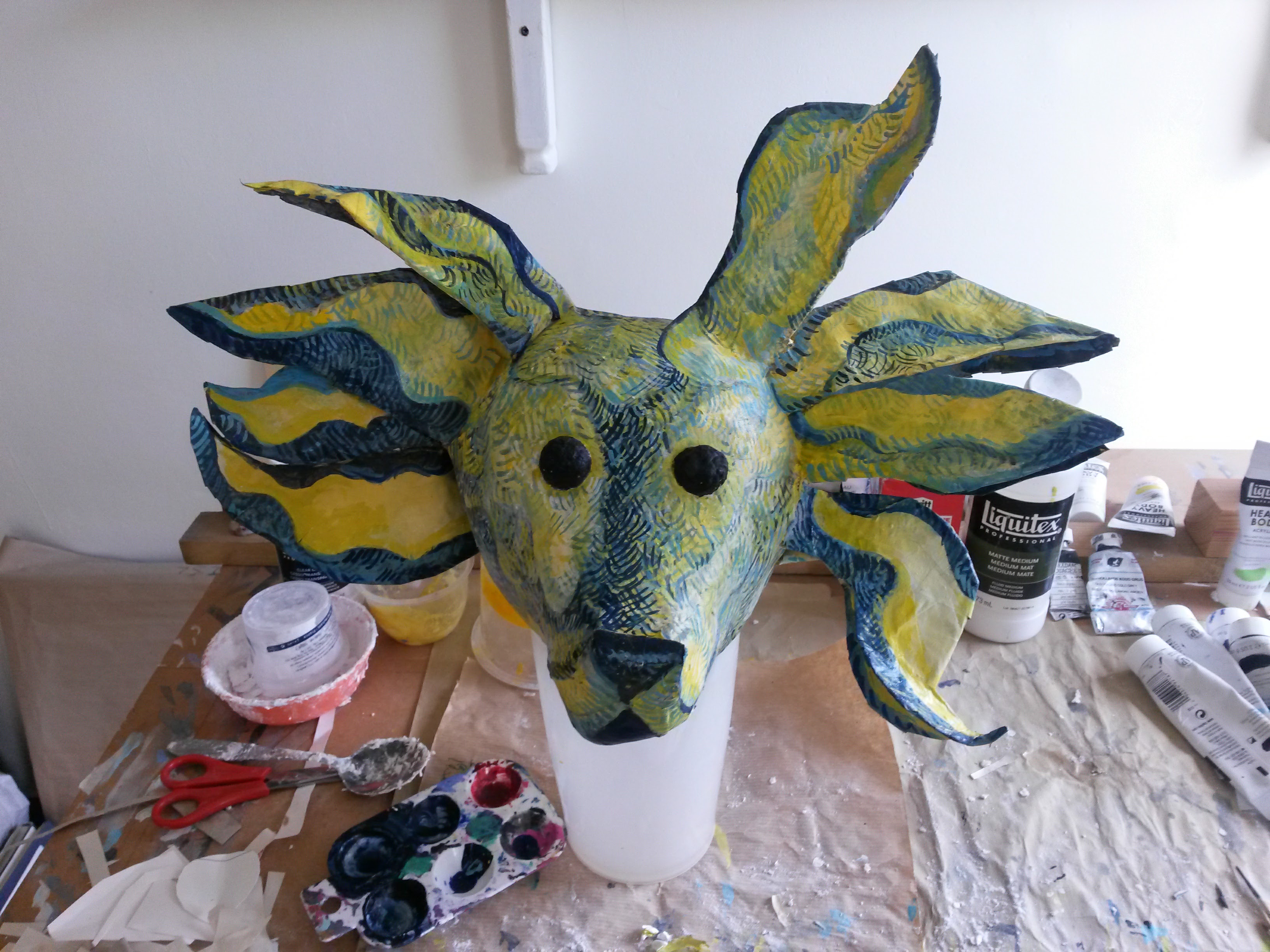 Head of Medji the dog from Diary of a Madman by Nikolai Gogol - papier mache sculpture by London artist Susanna Jacobs