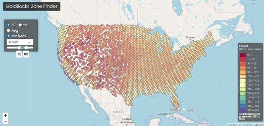 US map colored to show the number of days in the year that each location is likely to experience temperatures between 40 & 80 degrees