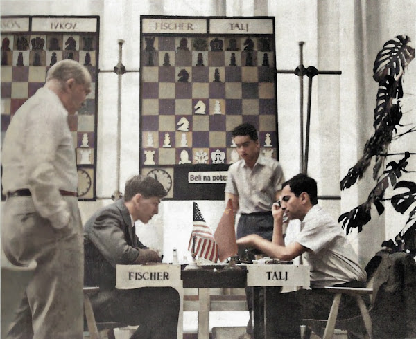 Fischer-Tal from Bled 1961. Najdorf looks on.