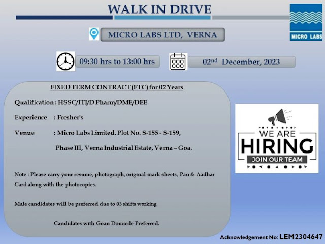 Micro Labs Walk In Interview For Fresher D Pharm/ DME/ DEE/ ITI