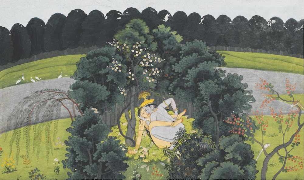 Krishna and Radha making love in a leafy bower on the banks of the Yamuna - Kangra or Guler Painting, C. 1780