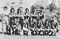 BARCELONA ATLÉTICO - Barcelona, España - Temporada 1974-75 - Castel, Macizo, Fuster, Corominas, Moré y Olmo; Fortes, Sánchez, Aicart, Martínez y Carrasco - BARCELONA ATLÉTICO 1 (Rusky) SEVILLA C. F. 0 - 13/04/1975 - Liga de 2ª División, jornada 31 - Barcelona, campo de Fabra y Coast - El filial del F. C. Barcelona se clasificó 10º en la Liga de 2ª División, con Luis Aloy de entrenador.-