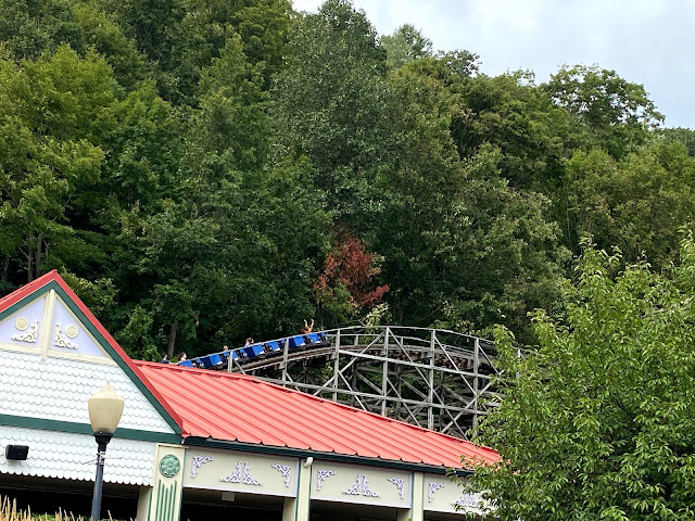 Boulder Dash Blue Train Entering Break Run Wooden Roller Coaster Lake Compounce