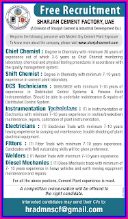 Free Recruitment For Sharjah Cement Factory,UAE