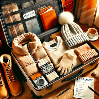 Neatly packed suitcase with winter travel essentials, including a puffer jacket, gloves, and boots