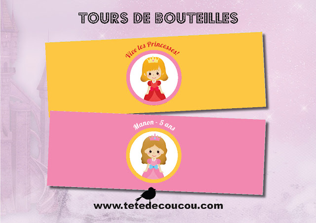 Tours de bouteilles Kit anniversaire personnalisé princesse fille rose à imprimer tête de coucou