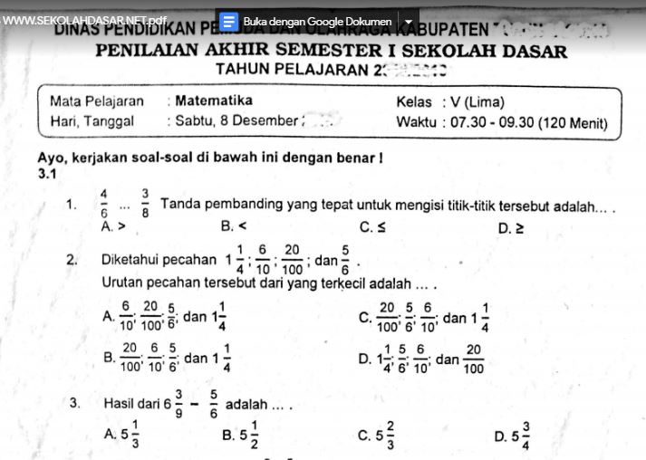  sdmi dan sederajat kembali menggunakan kurikulum  Soal Uas Matematika Kelas 2 Sd Semester 1 K13