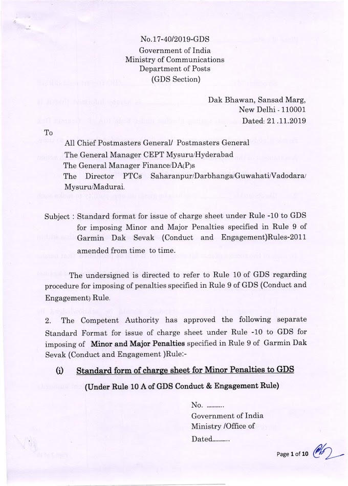 Standard format for issue of charge sheet under Rule -10 to GDS for imposing Minor and Major Penalties specified in Rule 9 of Garmin Dak Sevak (Conduct and Engagement)Rules-2011