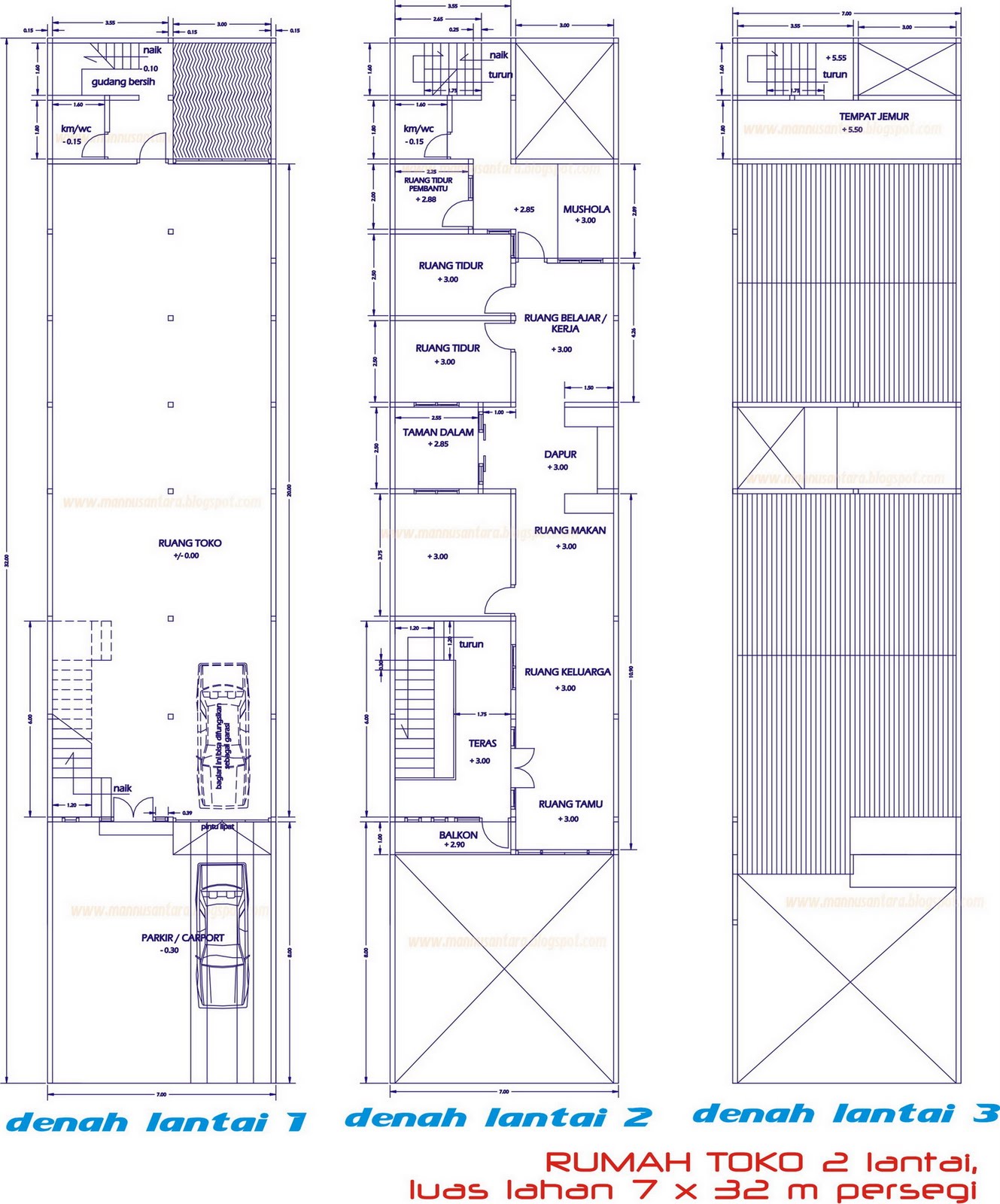 Desain Rumah Toko Ruko Dua Lantai Di Atas Lahan Seluas 7 X 32 M