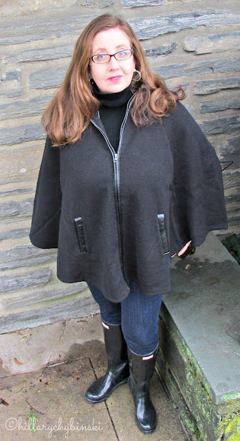 Black Wool Cape Styled With Skinny Jeans and Wellies