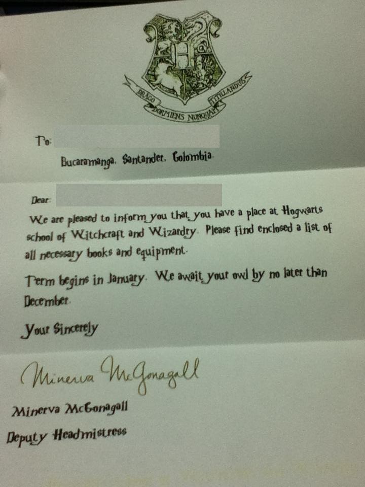 Hobbies geek: Carta de admisión a Hogwarts HARRY POTTER