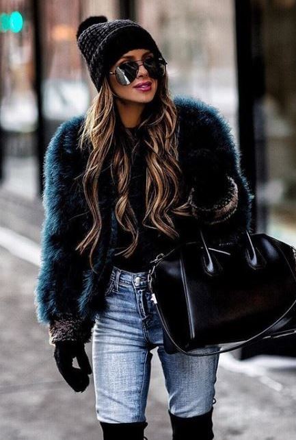 fashionable fall outfit / fur jacket + bag + hat + jeans + over knee boots