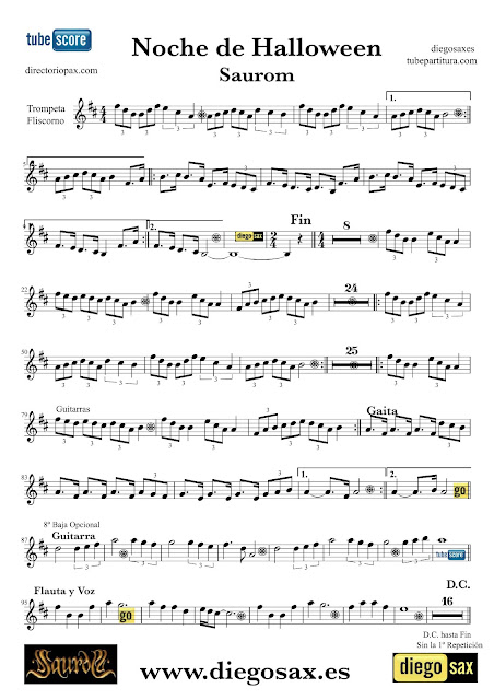 Partitura de Noche de Halloween para Trompeta y Fliscorno de Saurom Sheets Music Trumpet and Flugelhorn Music Scores Halloween Night by Saurom