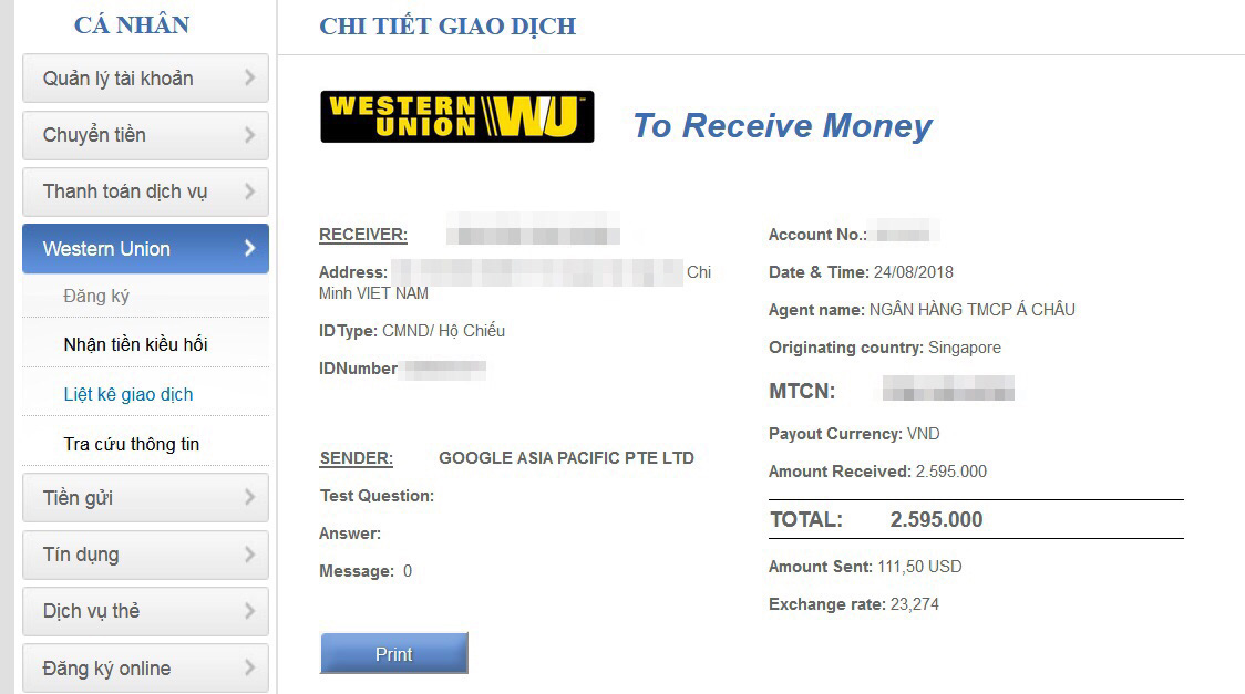 Hướng dẫn nhận tiền Western Union trực tuyến Online