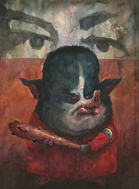 Watercolor Caricature of Napoleon, the pig from Anila Farm holding a mallet with a menacing look in a dark background