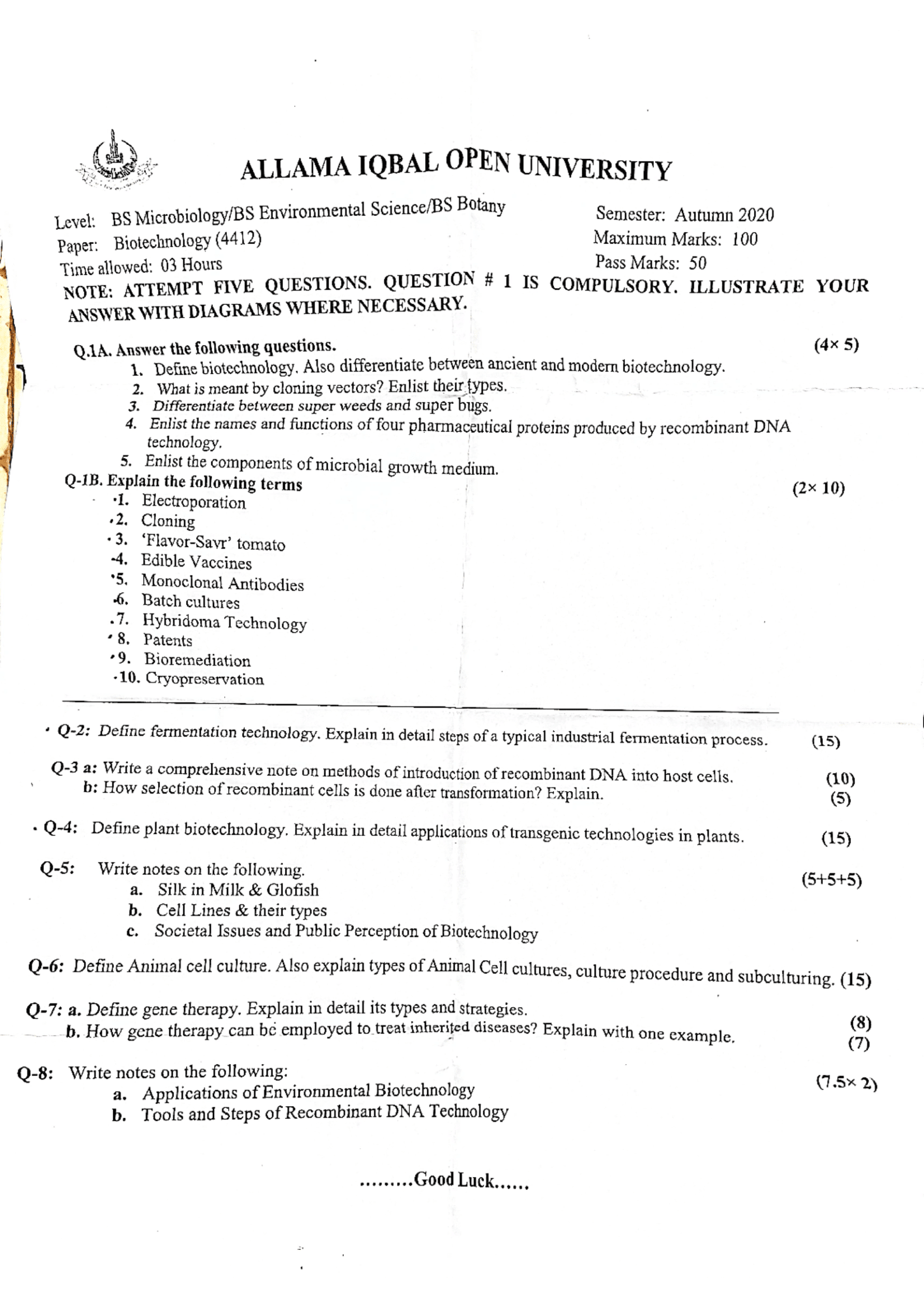 AIOU - Biotechnology 4412 Autumn 2020