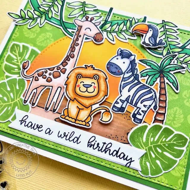 Sunny Studio Stamps: Savanna Safari Tropical Scenes Radiant Plumeria Frilly Frame Dies Stitched Semi-Circle Dies Birthday Card by Lynn Put