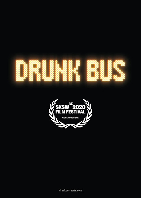 Movie poster for the indie comedy film "Drunk Bus" (2020), starring Charlie Tahan. Kaya Hayward, Will Forte, Zach Cherry, and Pineapple Tangaroa