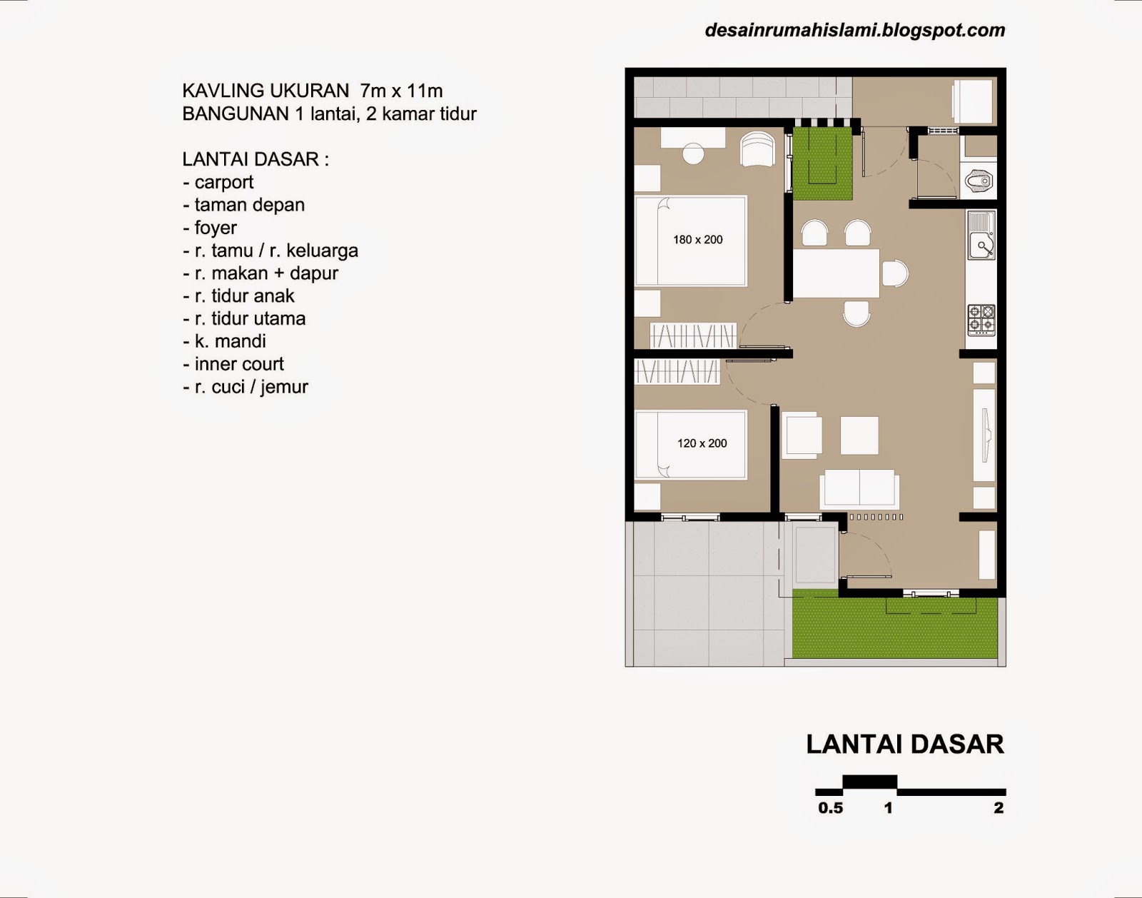  Desain  Rumah 1 Lantai  dengan 2 Kamar Tidur pada  Kavling 