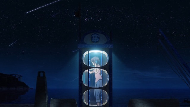 Hikari's older sister, Akari, makes a phone call in a booth at night while shooting stars fly overhead in the sky