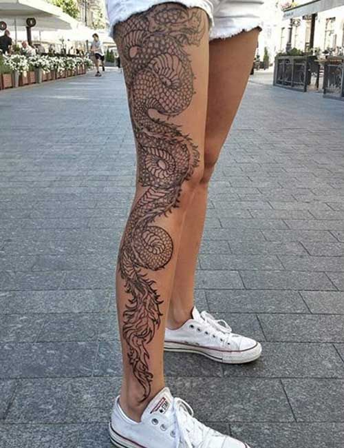 Sexy Dragon Tattoo on Leg For Girl
