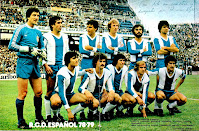 R. C. ESPAÑOL DE BARCELONA - Barcelona, España - Temporada 1978-79 - Urruti, Lanchas, Molinos, Verdugo, Ayfuch y Canito; Díez, Azpilicueta, Pavón, Fernández Amado y Marañón - R. C. D. ESPAÑOL 1 (Canito) REAL MADRID C. F. 1 (Aguilar) - 29/04/1979 - Liga de 1ª División, jornada 29 - Barcelona, estadio de Sarriá - El Español se clasificó 8º, con Irulegui de entrenador