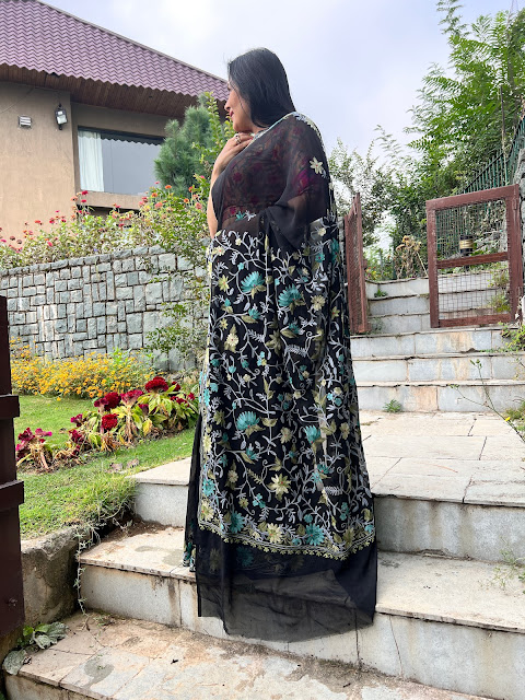 Black Kashmiri hand embroidered aari work saree