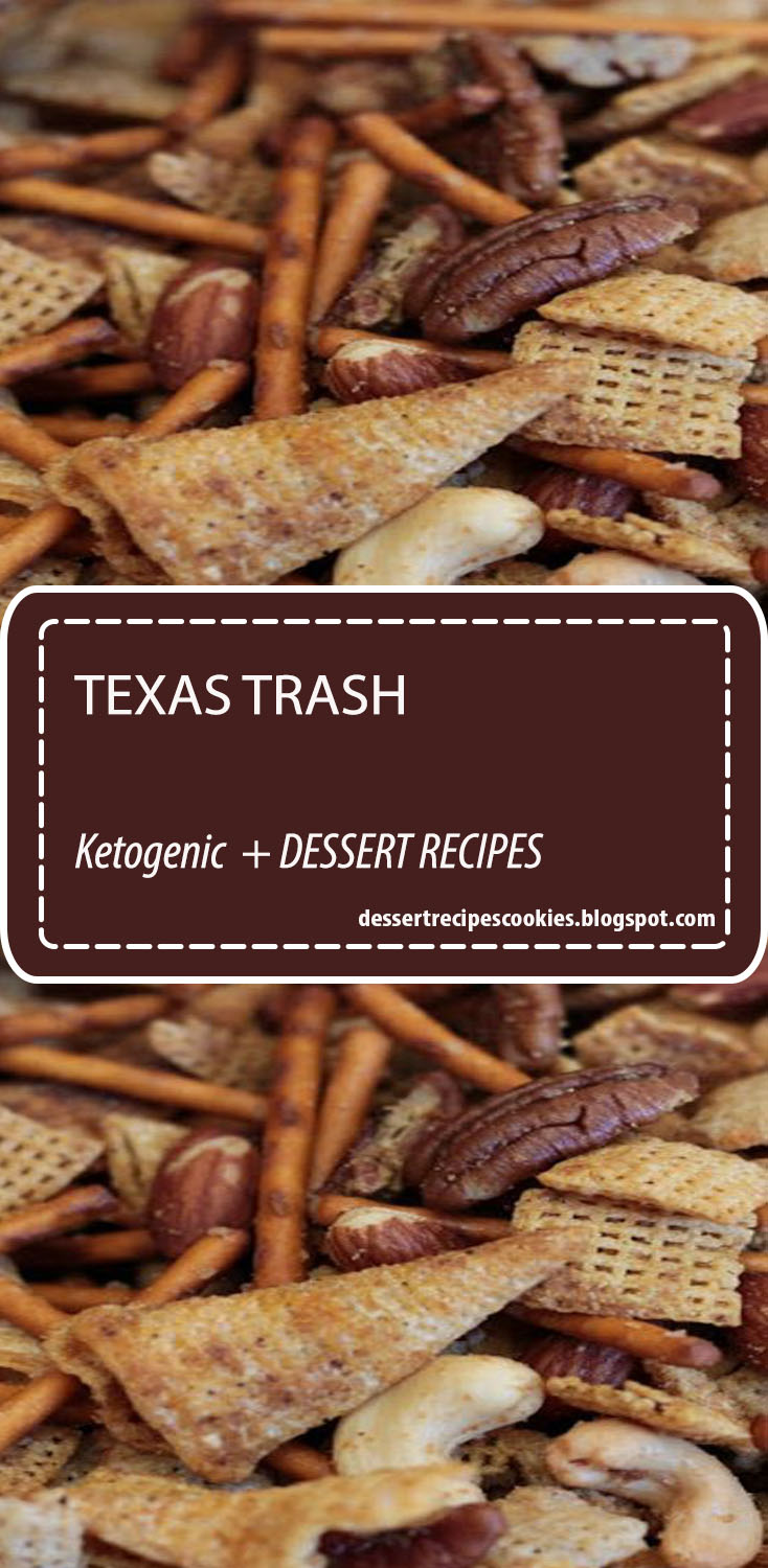 TEXAS TRASH - 1/2 (14 ounce) box of Rice Chex cereal; 1/2 (14 ounce) box of Corn chex cereal (you could use wheat in place of either of these); 1/2 (1 pound) bag of pretzel sticks;1 (7.5 ounce) bag of Bugles (regular);1 regular can (8.75 ounce) of deluxe mixed nuts; 1 cup of pecans or cashews (or nut of your choice);1-1/2 sticks butter;1 tablespoon Steak Seasoning; 1 tablespoons worcestershire sauce 1 tablespoon garlic powder Preheat oven to 250 degrees. -