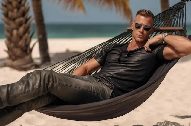 Gorgeous blonde tan man laying in a hammock on the beach wearing brown leather pants and a leather tank top