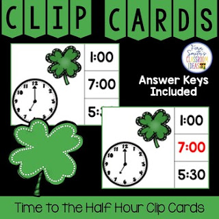 Time to the Hour and Half Hour Clip Cards Shamrock Themed