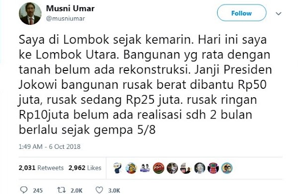 Tidak Ada Realisasi, Rektor Ini Bongkar Janji Jokowi Soal Rekonstruksi Lombok