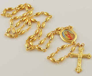 9K Gold Filled Rosary Pray Bead Mary Cross Necklace 61cm,C078