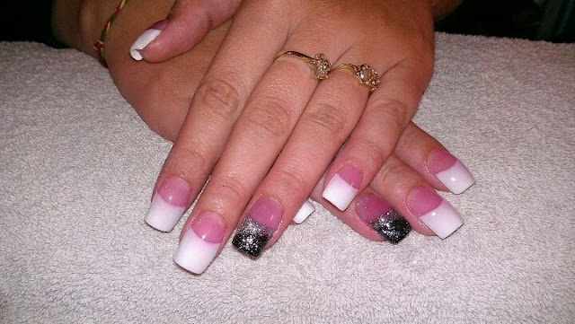 french white with black & silver glitz ring finger feats acrylic nail art design