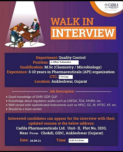 Job Availables, Cadila Pharmaceuticals Walk-In Interview For M.Sc (Chemistry / Microbiology)