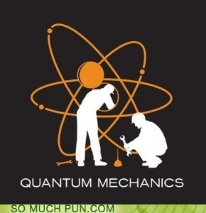 a cartoon of two guys fixing a nuclear power symbol...quantum mechanics