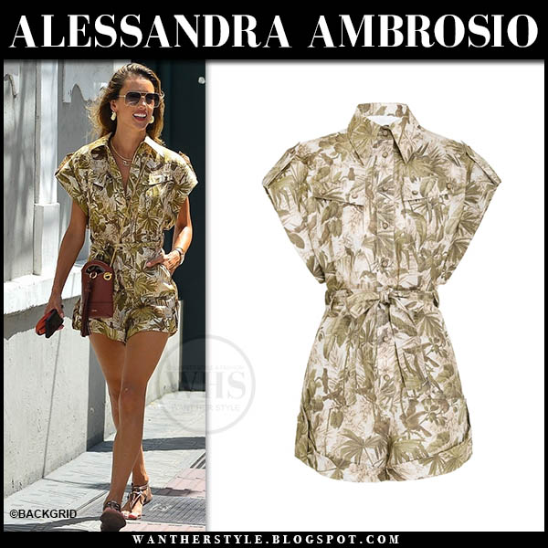 Alessandra Ambrosio in green palm print playsuit