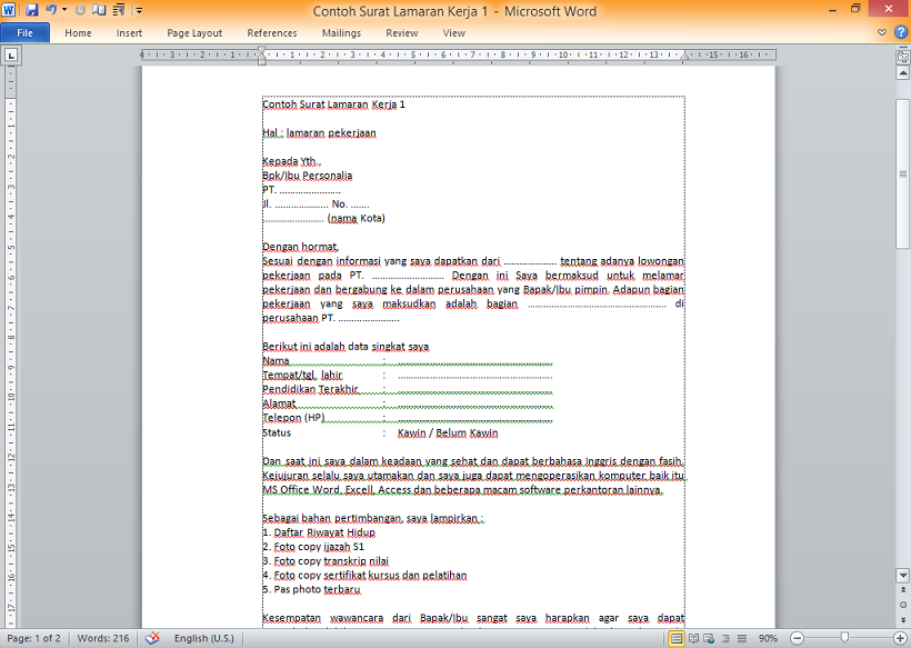 Contoh Surat Lamaran Kerja File Microsoft Word