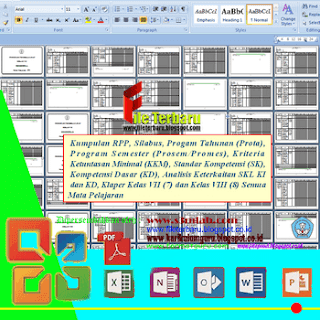 RPP, Silabus, Progam Tahunan (Prota), Program Semester (Prosem/Promes), Kriteria Ketuntasan Minimal (KKM), Standar Kompetensi (SK), Kompetensi Dasar (KD), Analisis Keterkaitan SKL KI dan KD, Klaper Kelas VII (7) dan Kelas VIII (8) Semua Mata Pelajaran