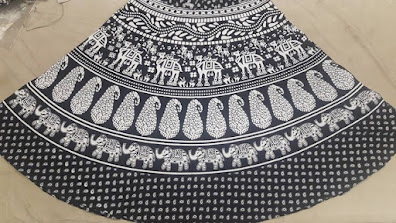 Jaipuri Cotton Printed Skirt -  Black And White Elephant and Mango Print Design